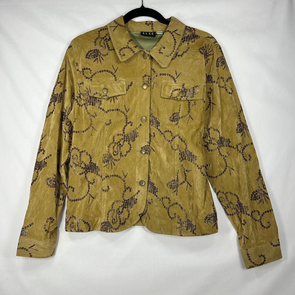 Vintage ELCC Tan Faux Suede Jacket – Y2K Sequined Embroidered Trucker Jacket (M)